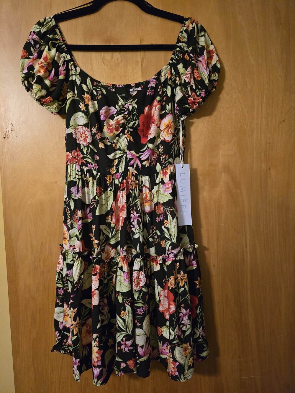 Lumiere Black Floral Tiered Puff-Sleeve Dress with Multicolor Blooms